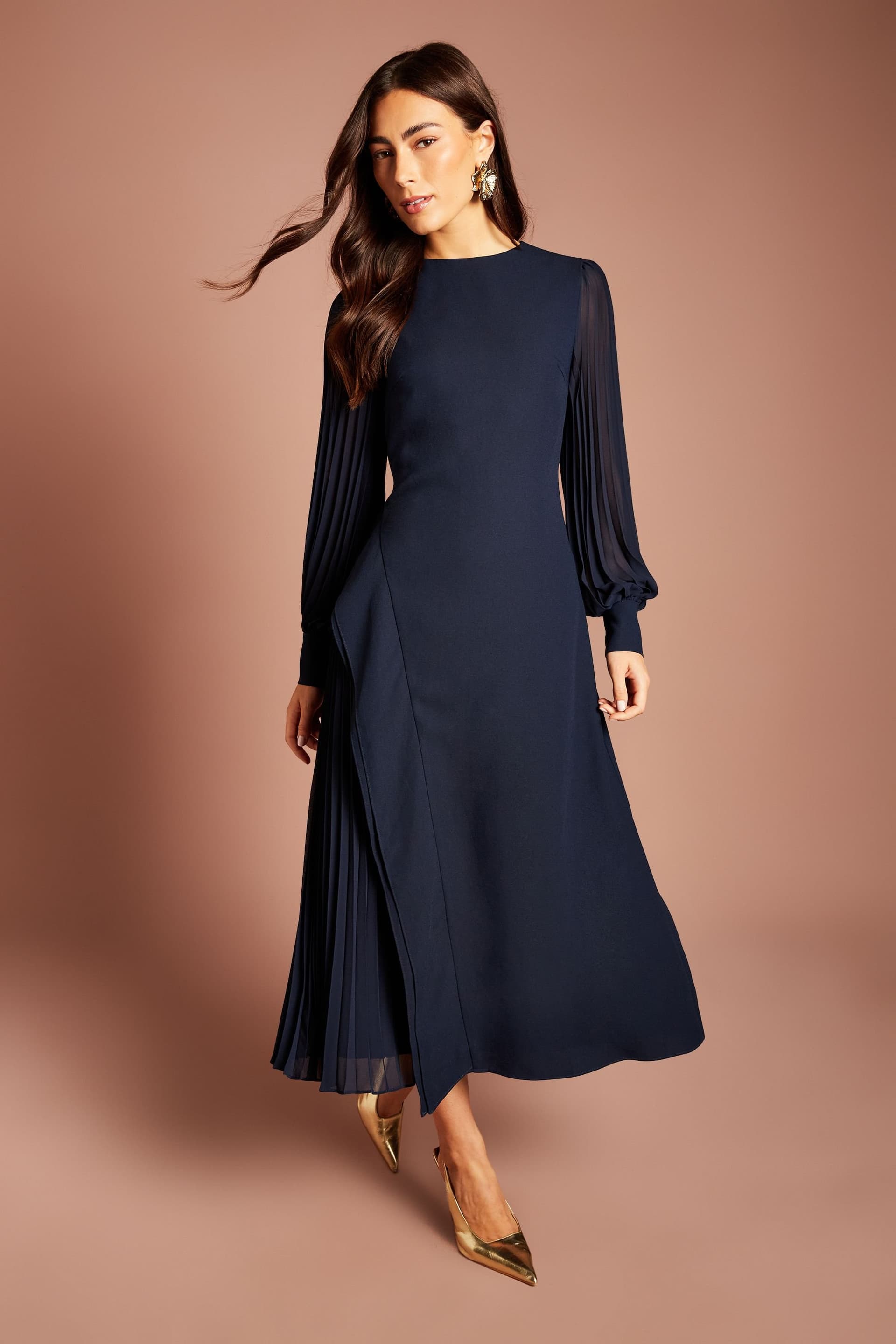 Coast Coast Women's Long Sleeve Pleated Crepe Midaxi Dress in Navy