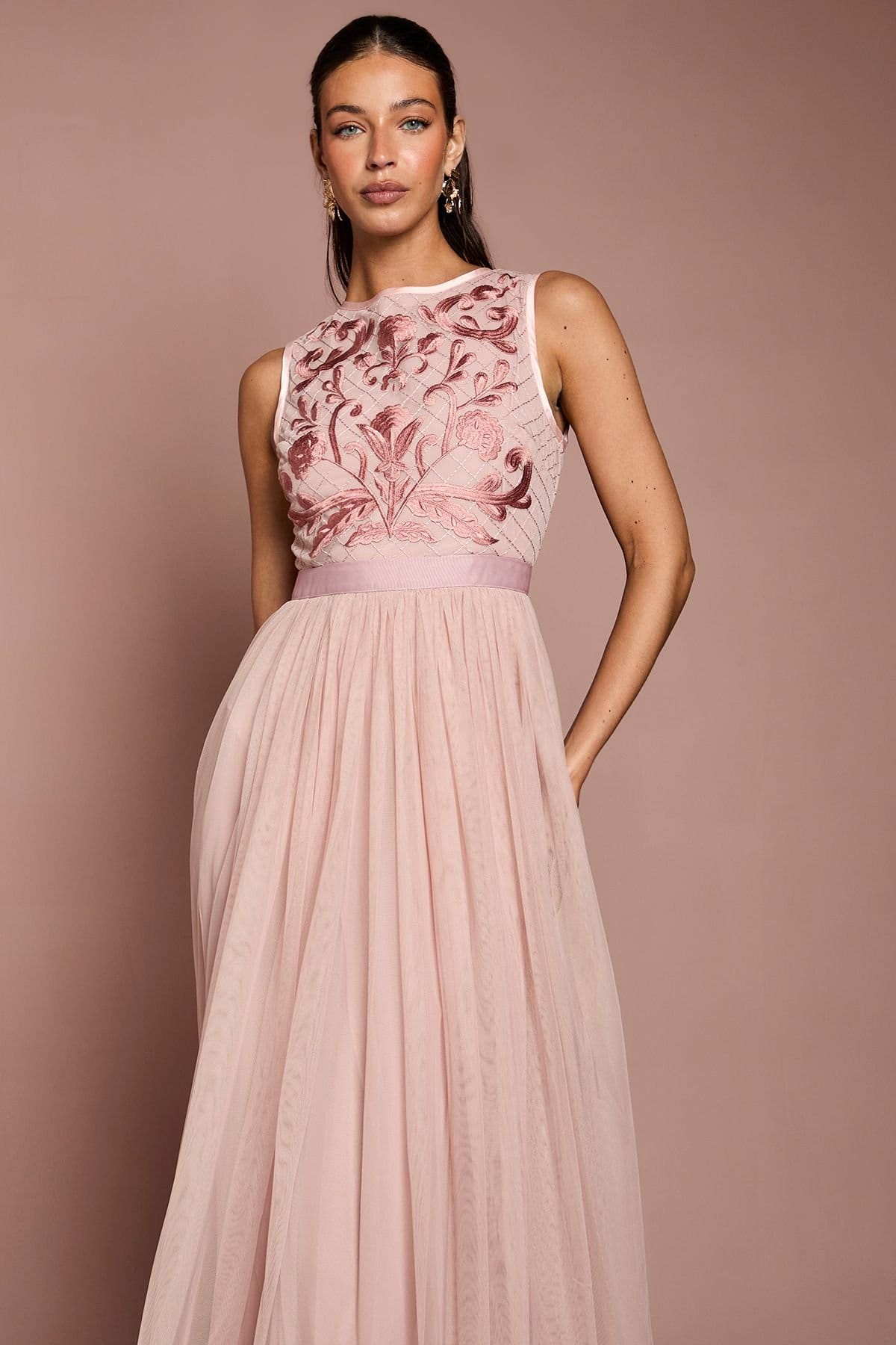 Coast Coast Women's Embroidered Linear Floral Maxi Bridesmaid Dress in Blush - 4