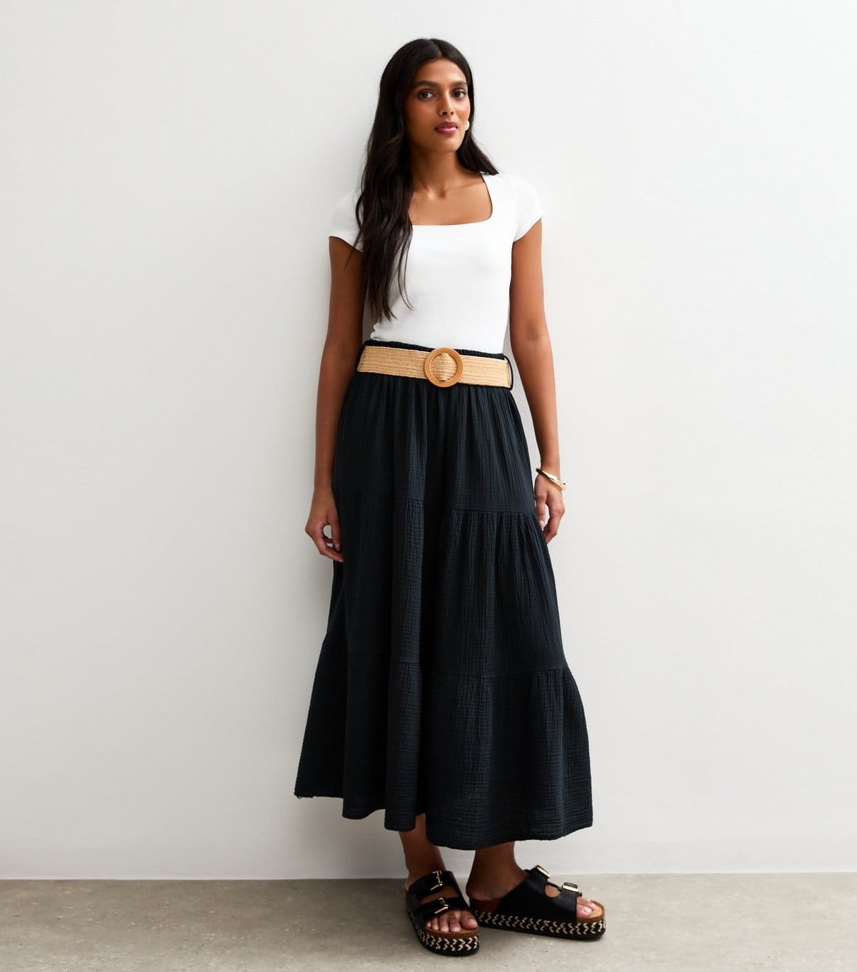 Gini London Women's Black Belted Tiered Maxi Skirt Gini London New Look - 4