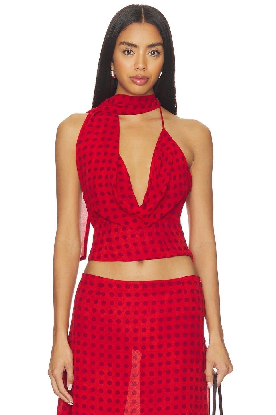 revolve Revolve Red Dot Cowl Neck Crop Top