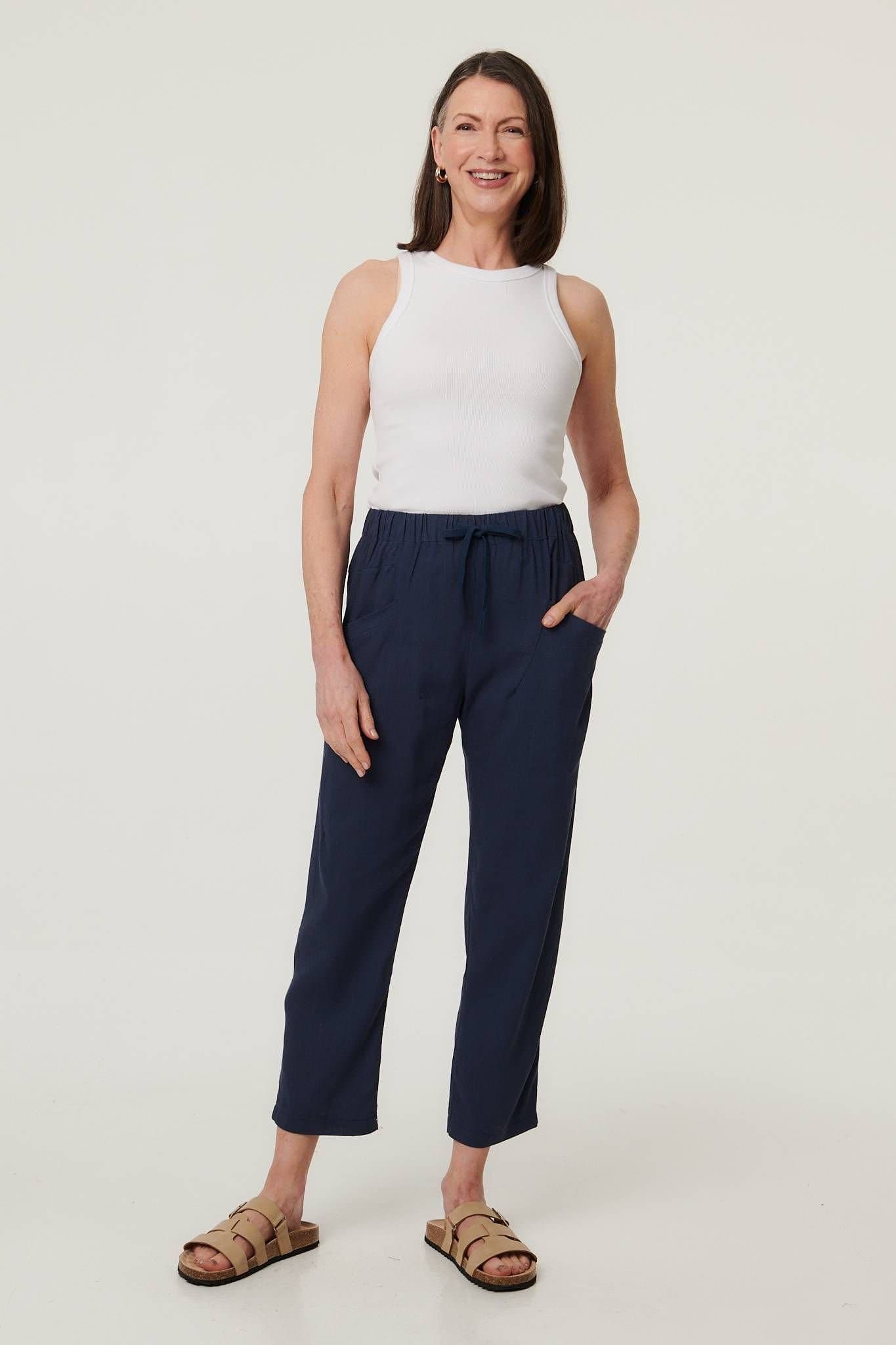 Izabel London Izabel London Women's Drawstring Tie Front Relaxed Trousers in Blue
