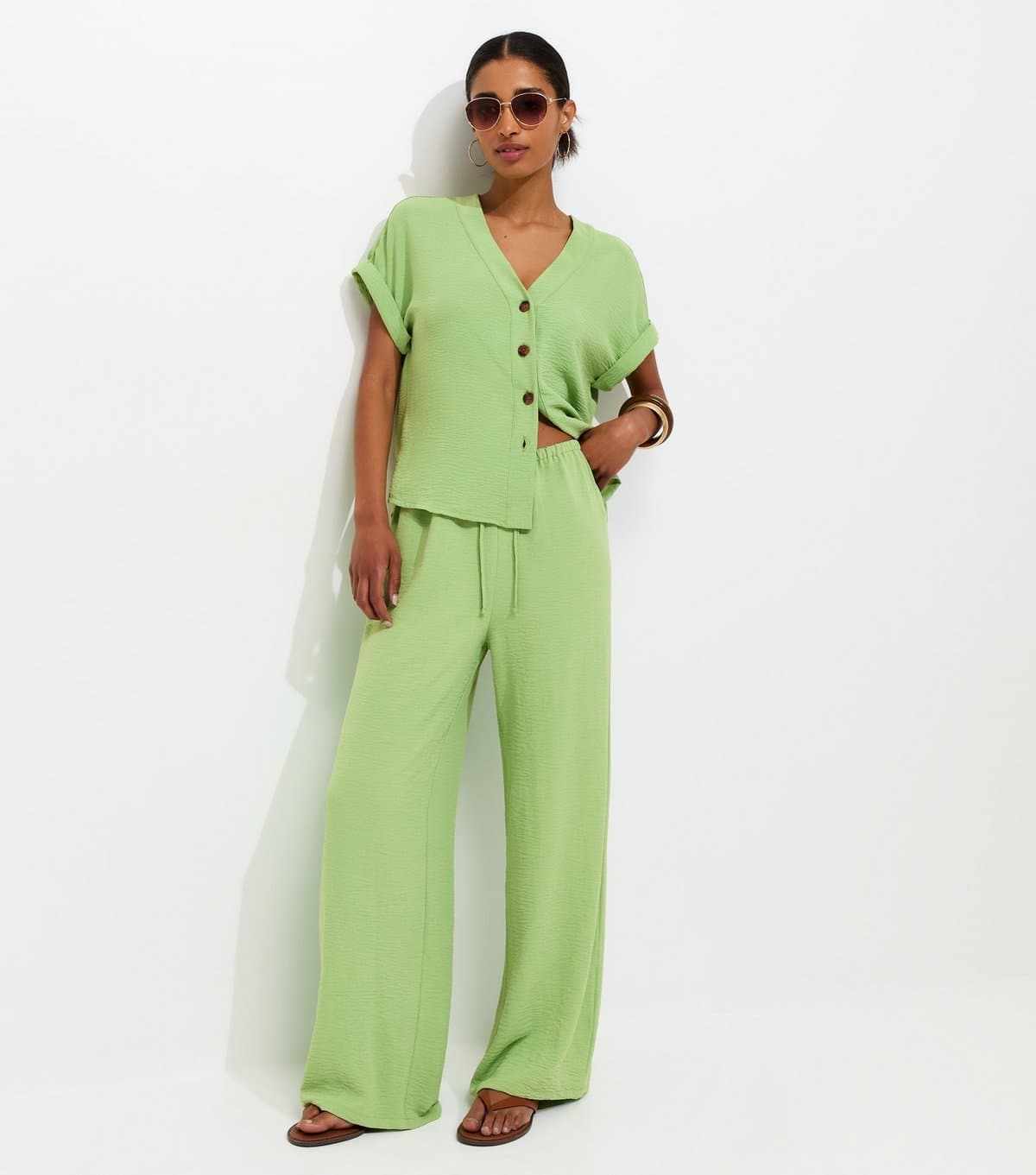New Look Women's Bright Green Drawstring Waist Wide Leg Trousers New Look