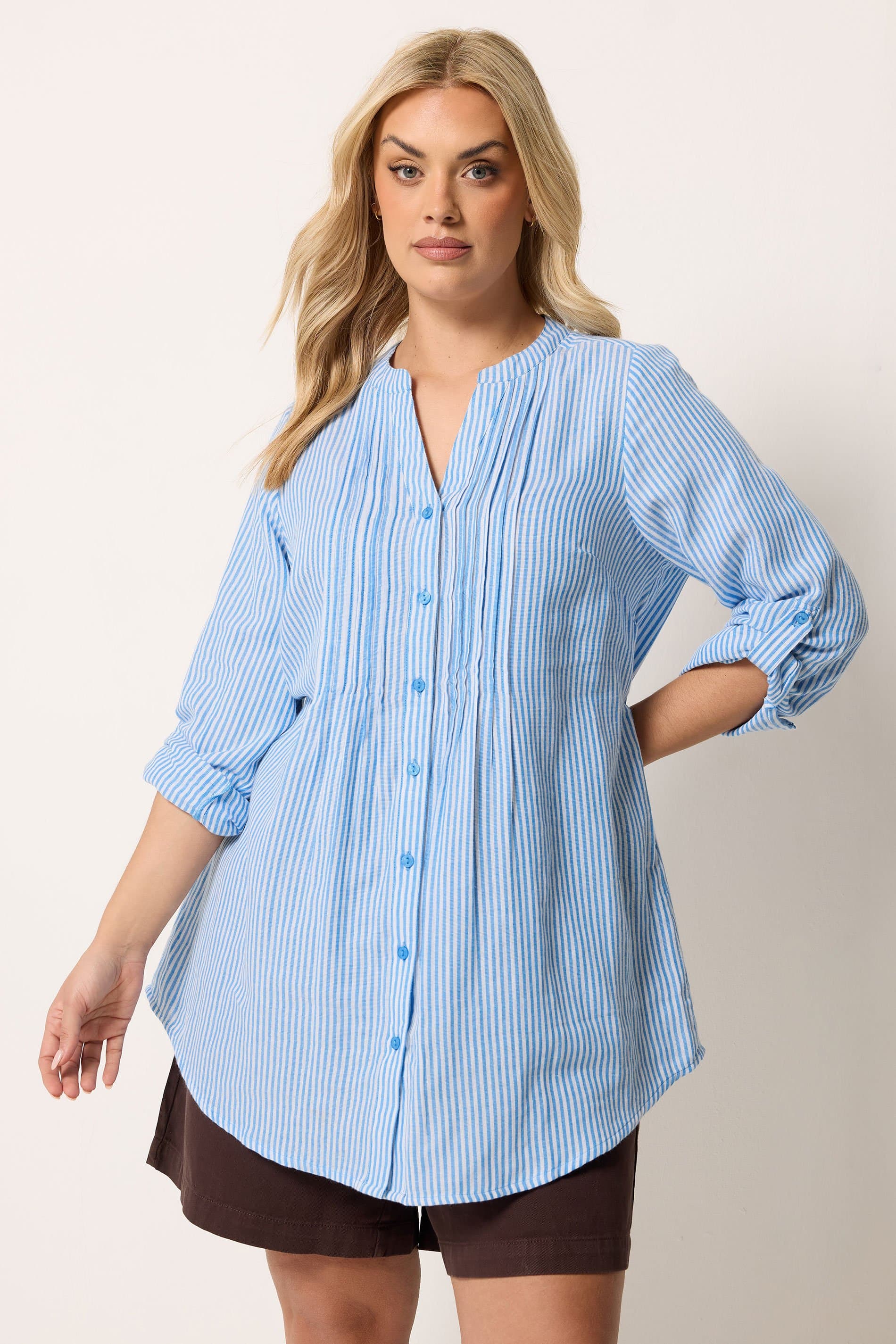 Yours Plus Size Blue Stripe Pintuck Shirt