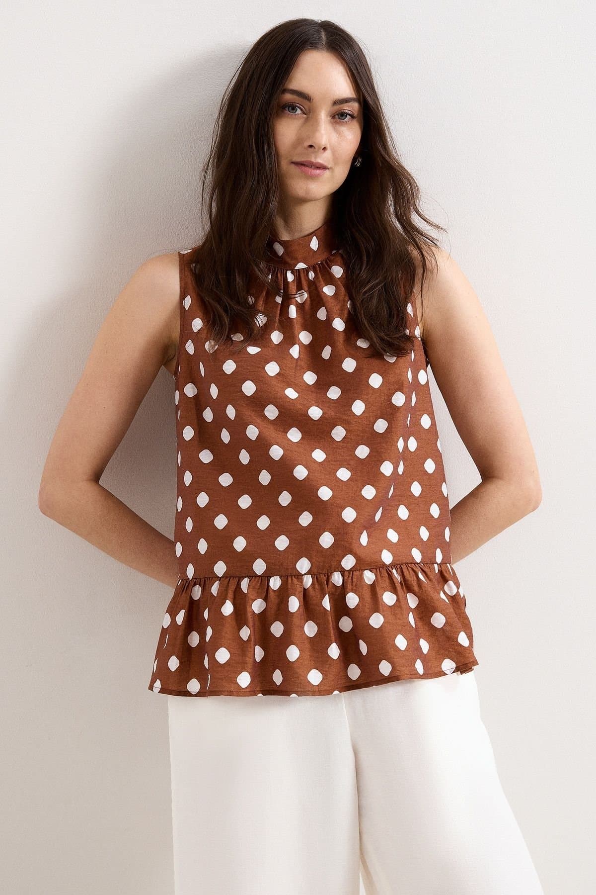 Phase Eight Phase Eight Brown Linen Polka Dot Blouse