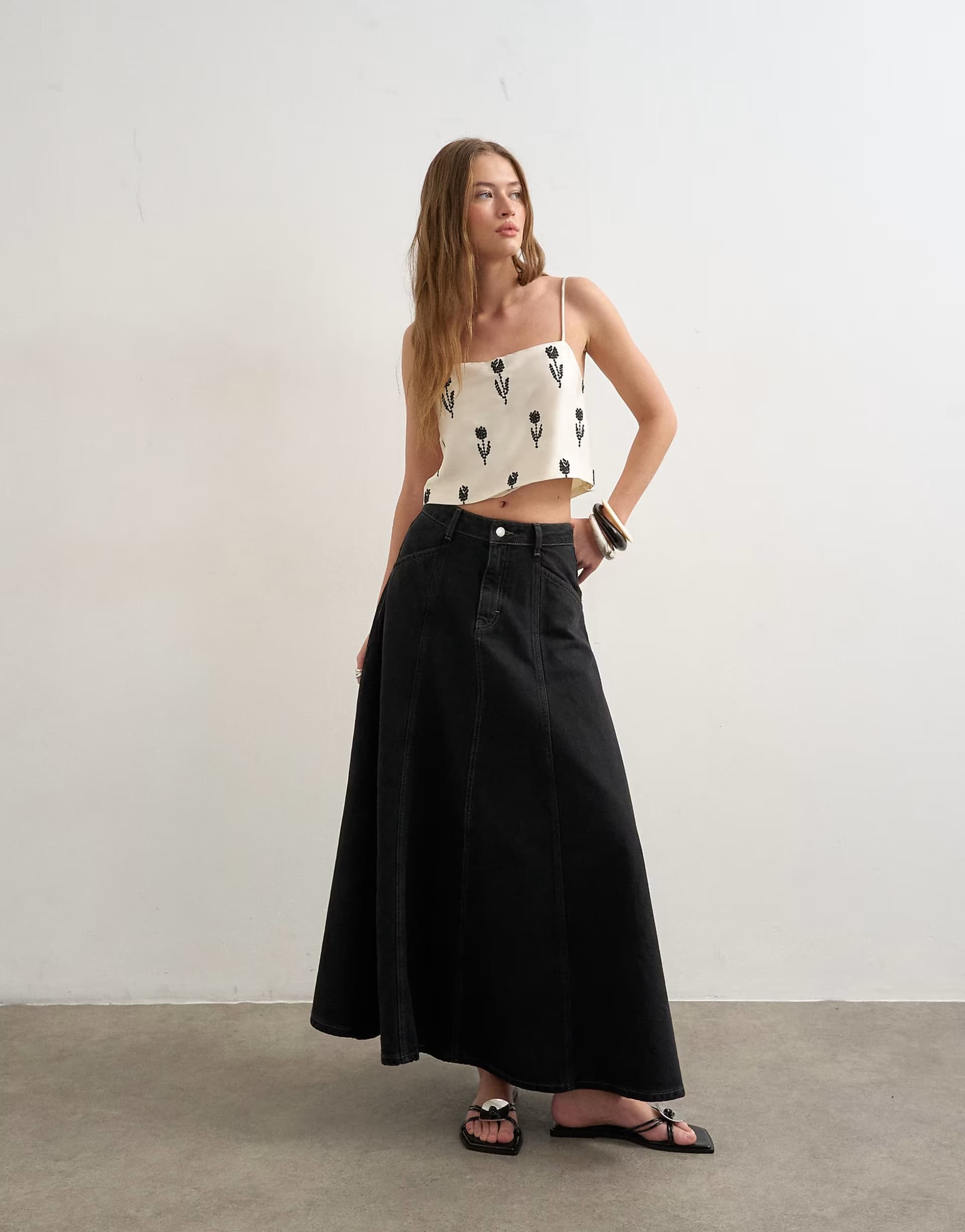 ASOS Topshop denim seamed circle skirt in washed black