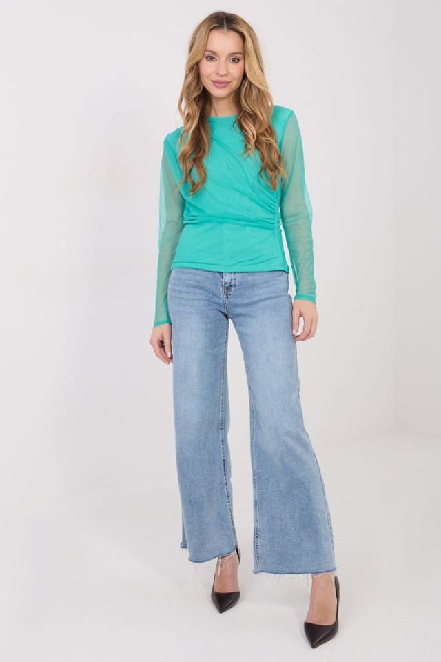 Love Lace Love Lace Women's Elegant Mesh Fitted Blouse with Pleats in Turquoise - 2