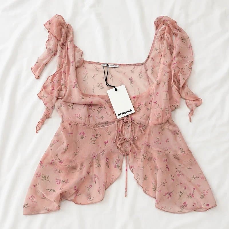 Bershka Coquette Balletcore Pink Floral Tie Front Chiffon Peplum Top NWT UK 12-14