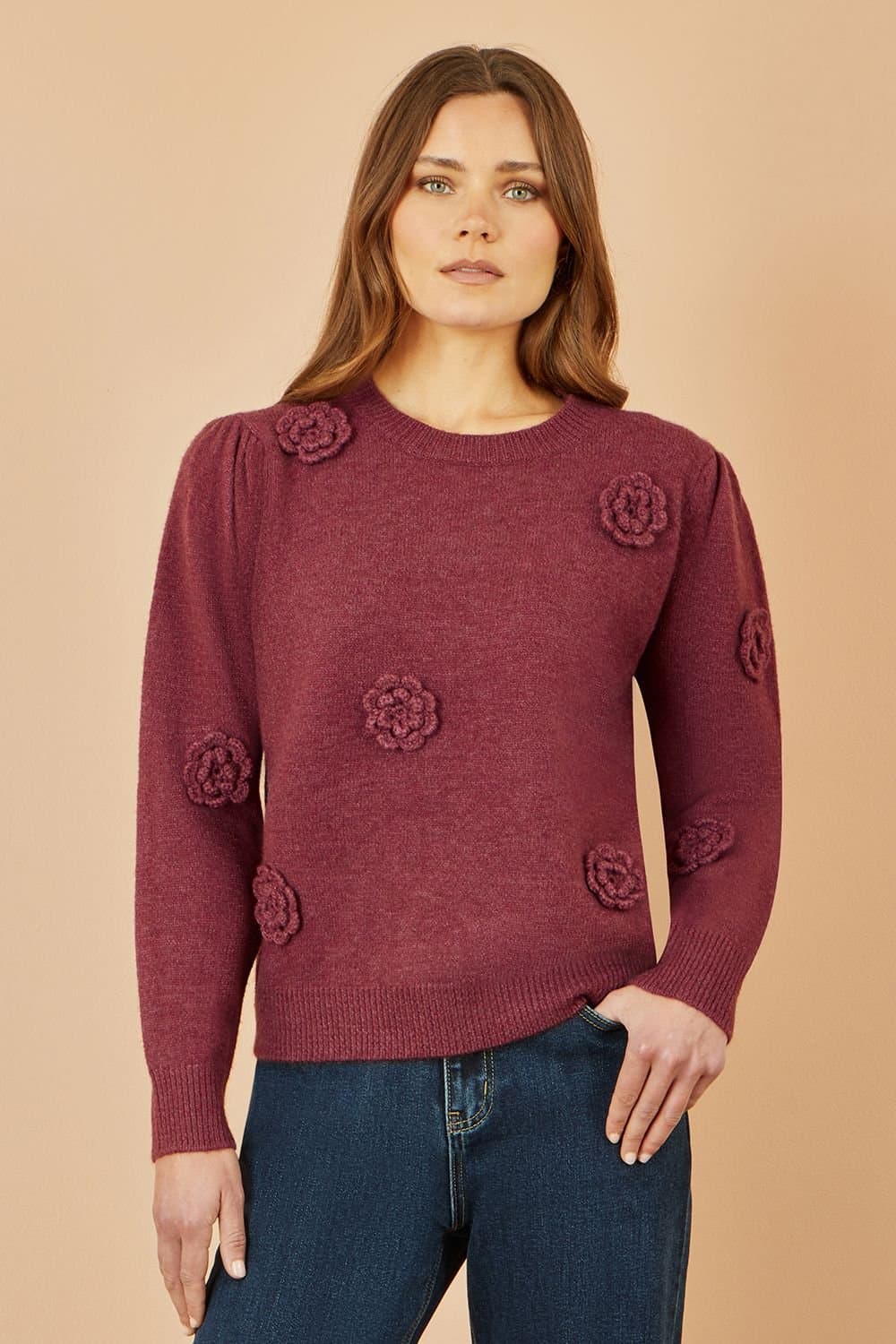 Yumi Yumi Women's Burgundy Knitted Jumper With Crochet Flowers
