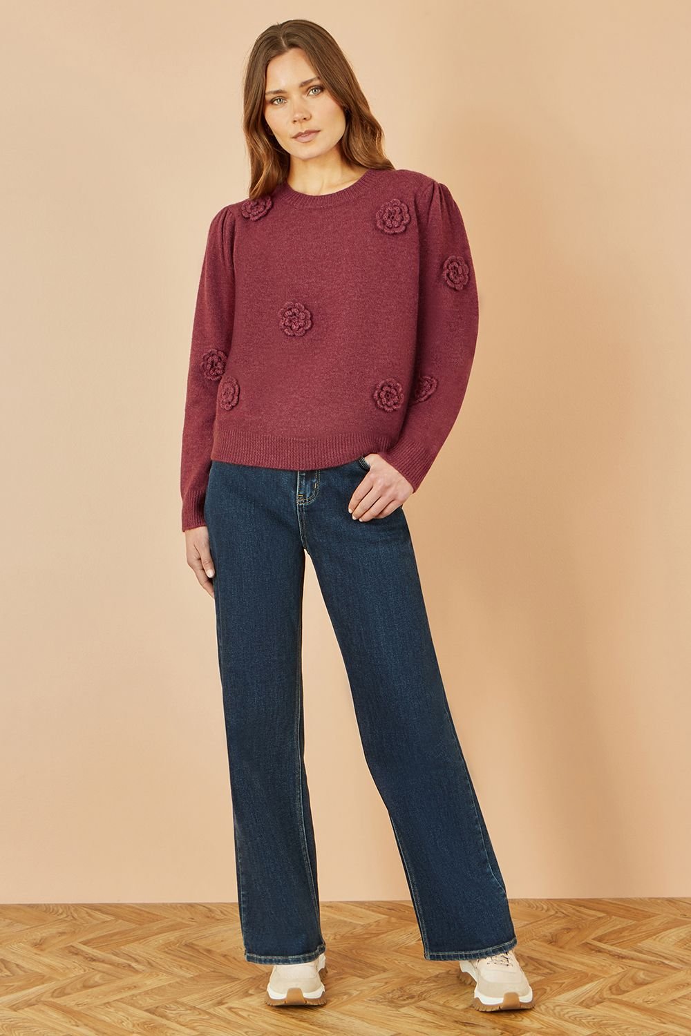 Yumi Yumi Women's Burgundy Knitted Jumper With Crochet Flowers - 2