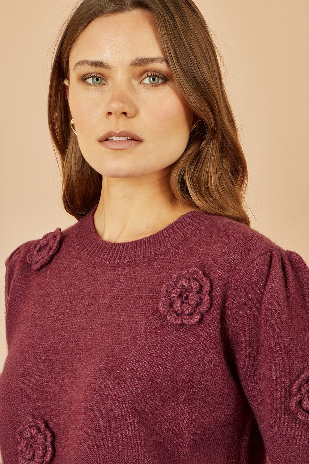 Yumi Yumi Women's Burgundy Knitted Jumper With Crochet Flowers - 4