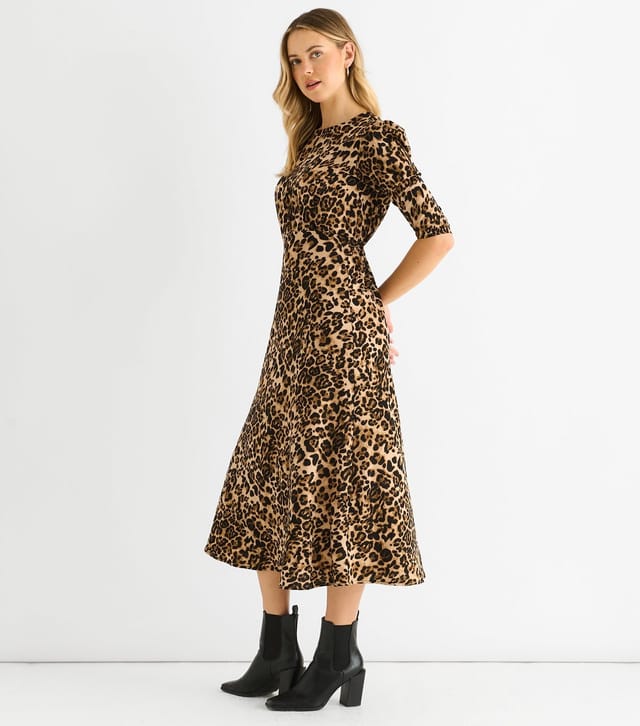 Gini London Women's Brown Leopard Print Puff Sleeve Midi Dress Gini London New Look - 3