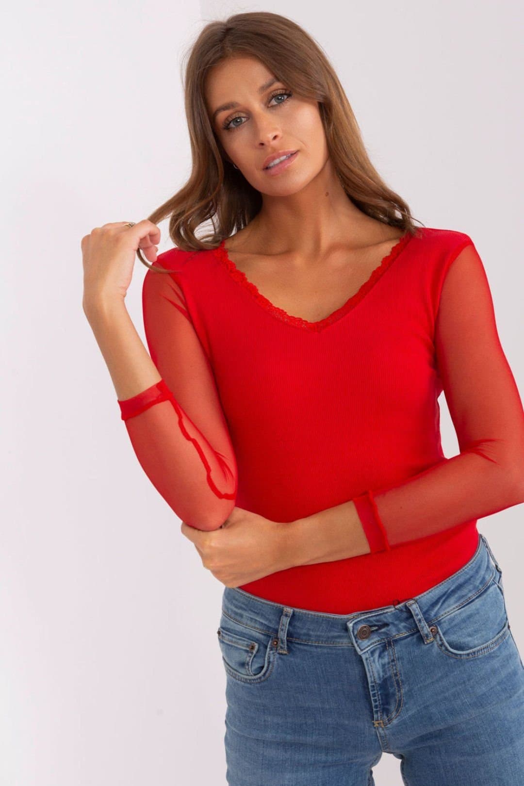 Love Lace Love Lace Women's Ribbed Fitted Blouse Heart Neckline in Red