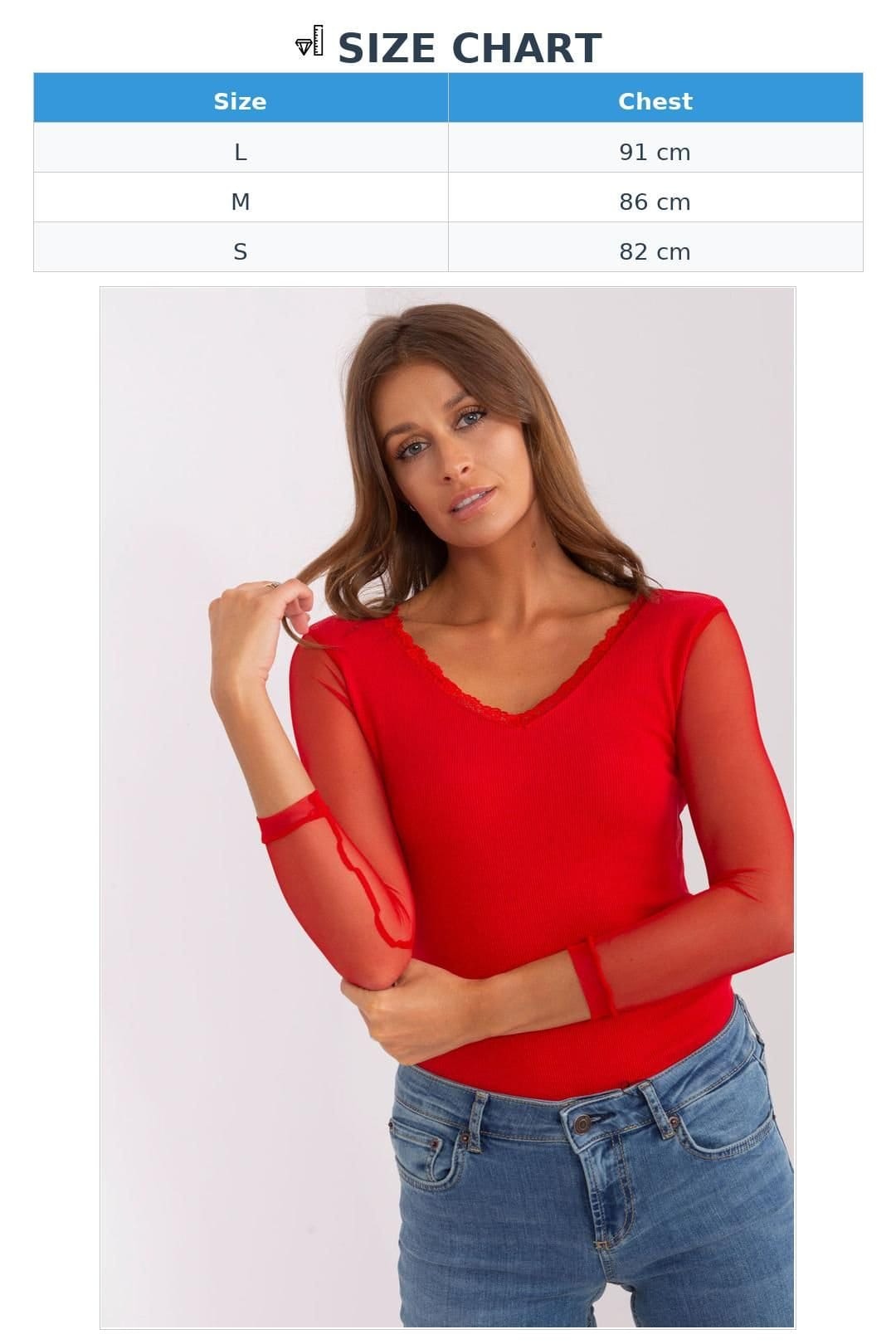 Love Lace Love Lace Women's Ribbed Fitted Blouse Heart Neckline in Red - 4