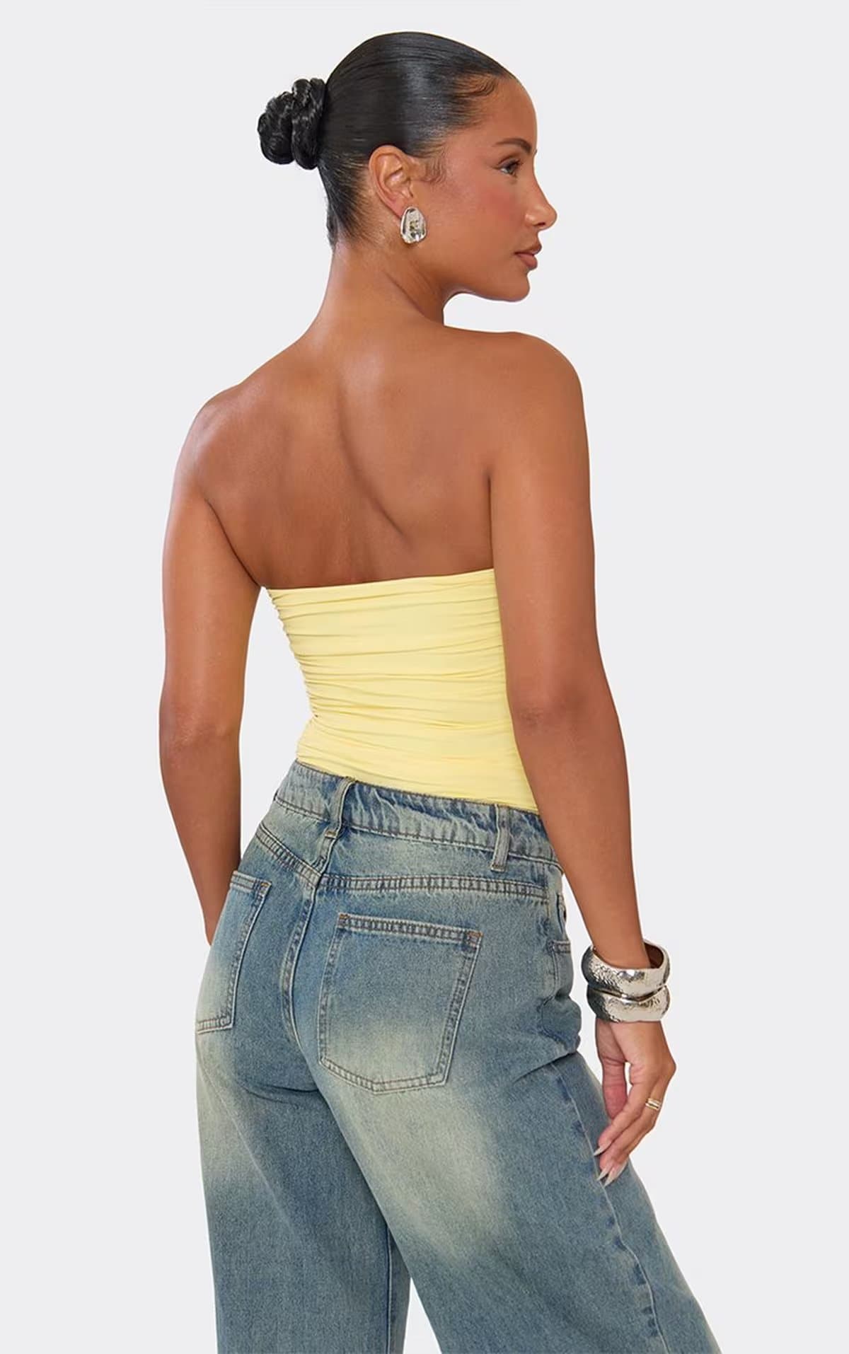 EGO Bandeau V Cut Trim Ruched Bodysuit In Yellow, Women's Size UK M