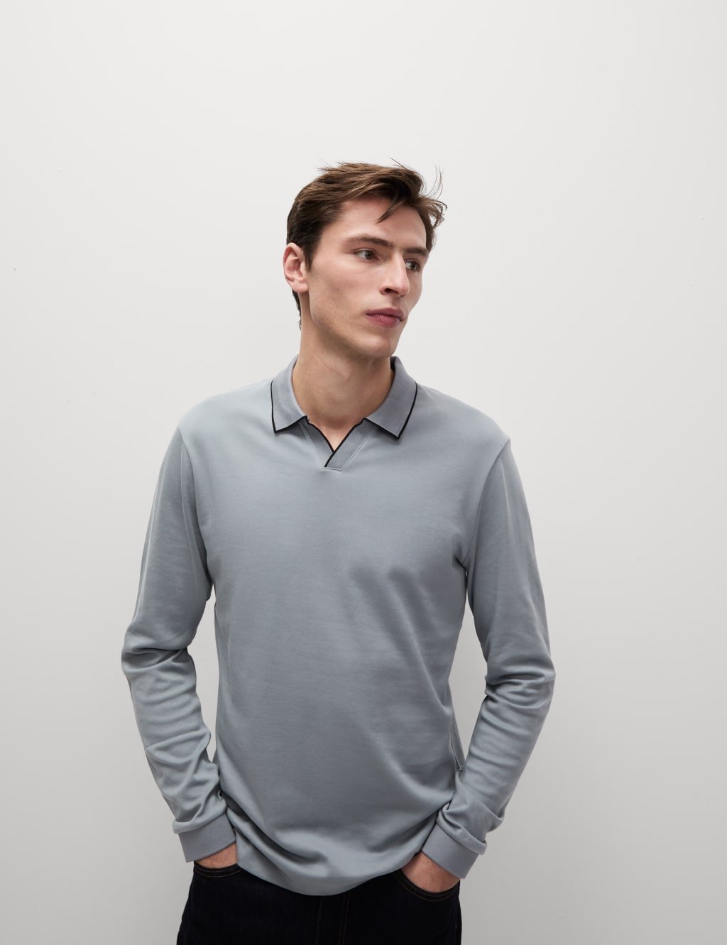 Marks & Spencer M&S Pure Cotton Tipped Long Sleeve Polo Shirt Steel - 2