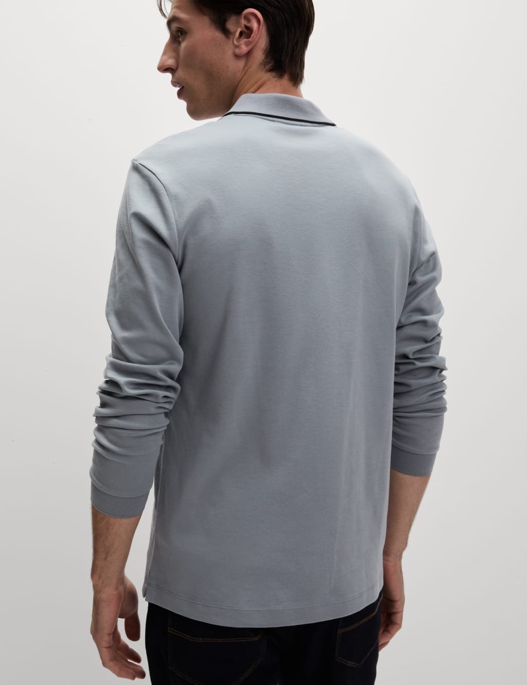 Marks & Spencer M&S Pure Cotton Tipped Long Sleeve Polo Shirt Steel - 3