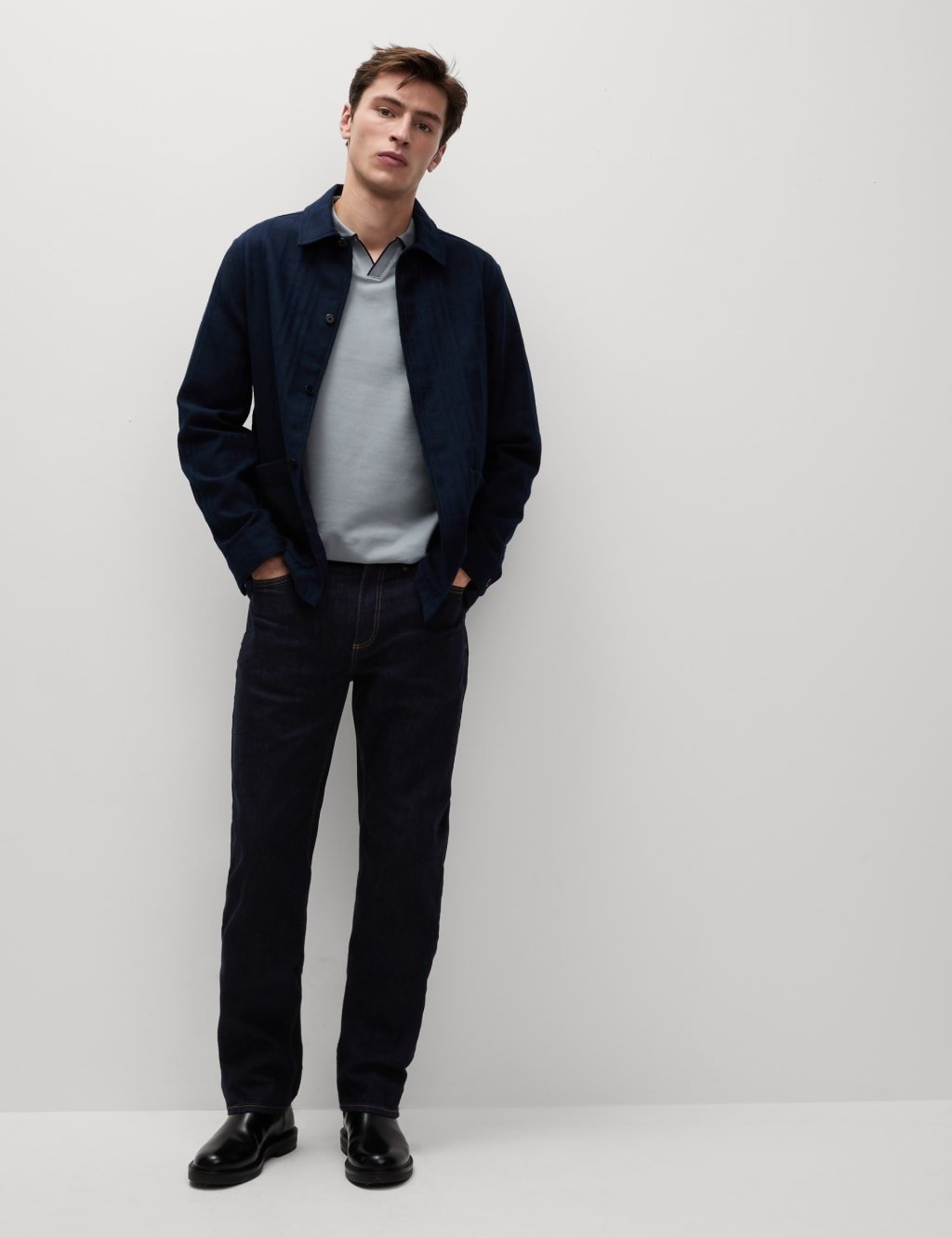 Marks & Spencer M&S Pure Cotton Tipped Long Sleeve Polo Shirt Steel - 4