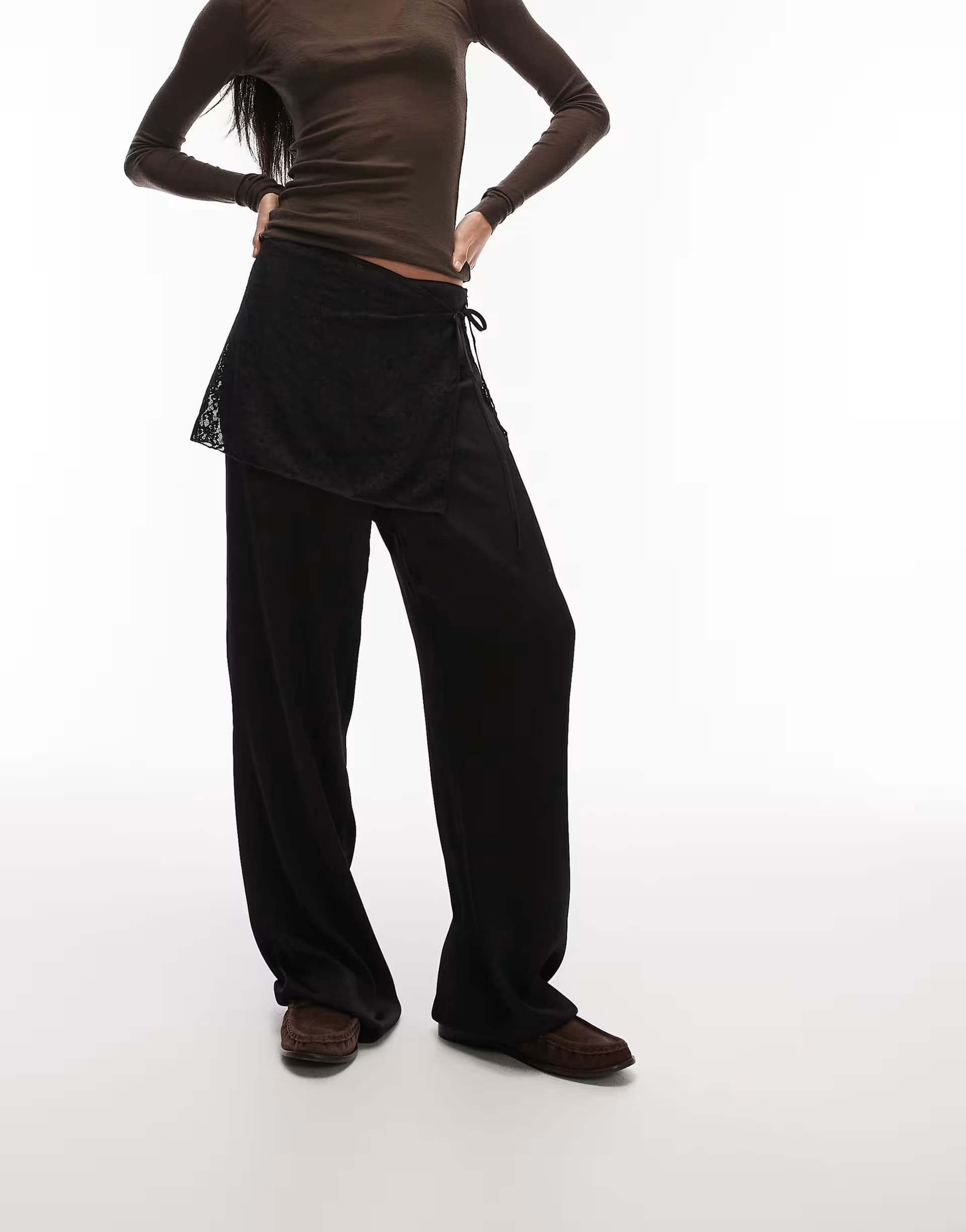 ASOS Reclaimed Vintage wide leg satin trousers with lace belt overlay in black