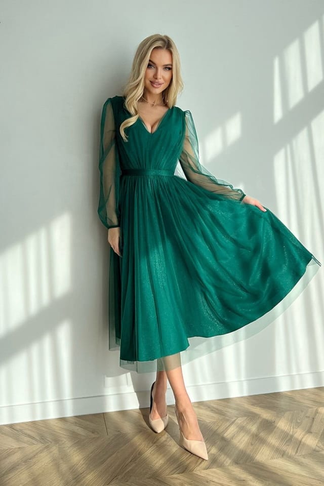 Love Lace Love Lace Women's Brocade Mesh Crinkled Midi Dress Layered Skirt in Green - 2