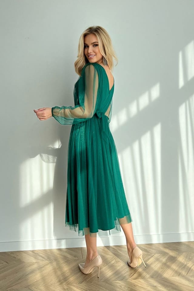 Love Lace Love Lace Women's Brocade Mesh Crinkled Midi Dress Layered Skirt in Green - 3