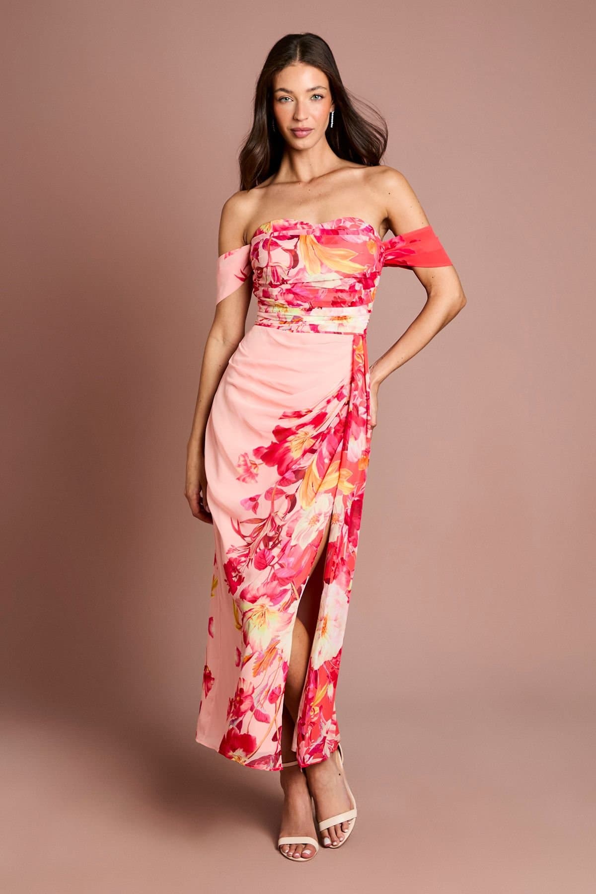 Coast Coast Women's Off The Shoulder Floral Print Drape Chiffon Dress in Coral