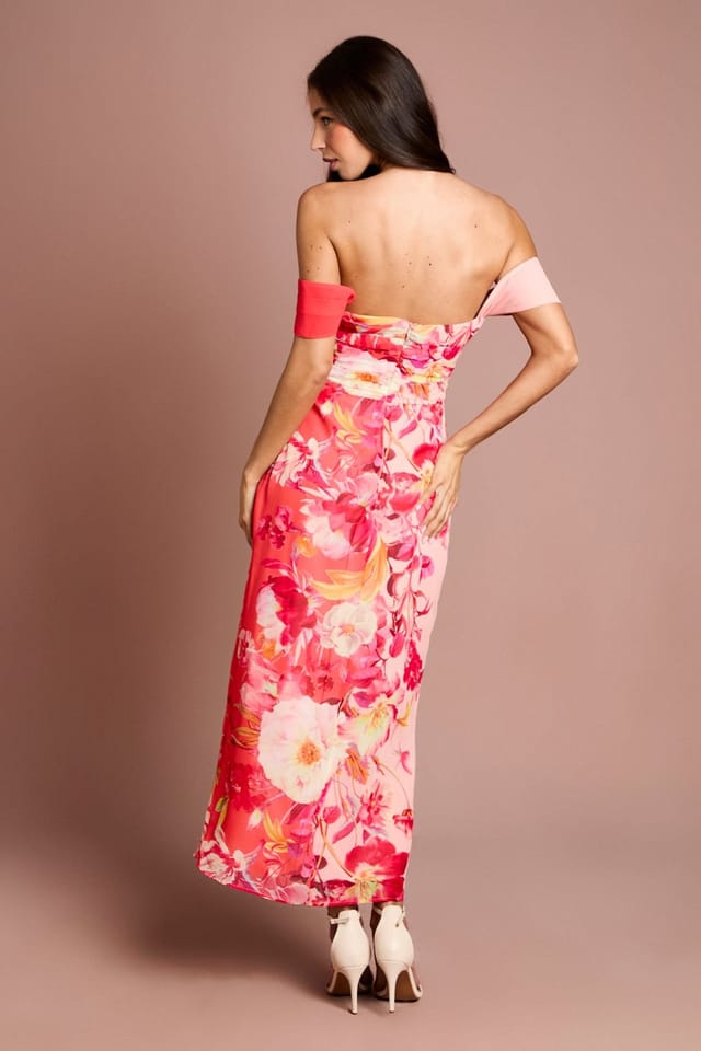 Coast Coast Women's Off The Shoulder Floral Print Drape Chiffon Dress in Coral - 3