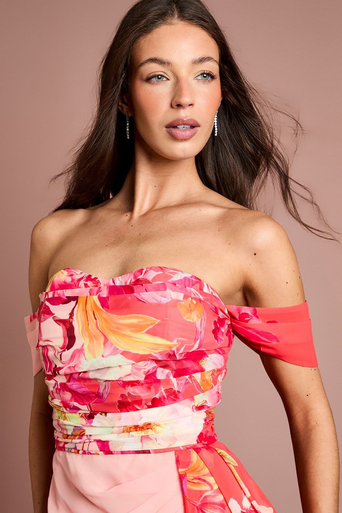 Coast Coast Women's Off The Shoulder Floral Print Drape Chiffon Dress in Coral - 4