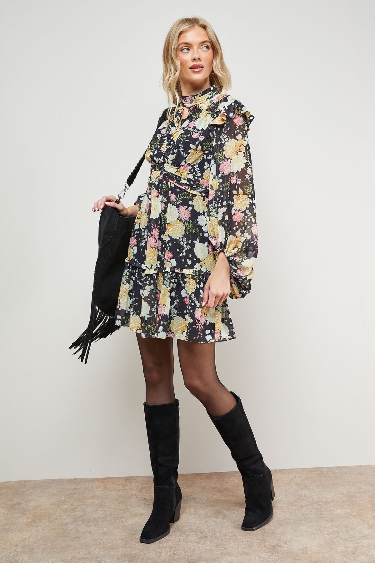 Oasis Oasis Women's Printed Ruched High Neck Mini Fit & Flare Dress - 1