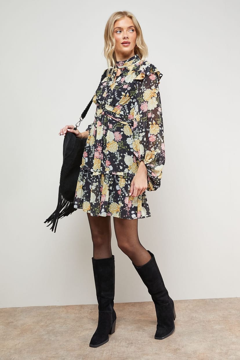 Oasis Oasis Women's Printed Ruched High Neck Mini Fit & Flare Dress - 1
