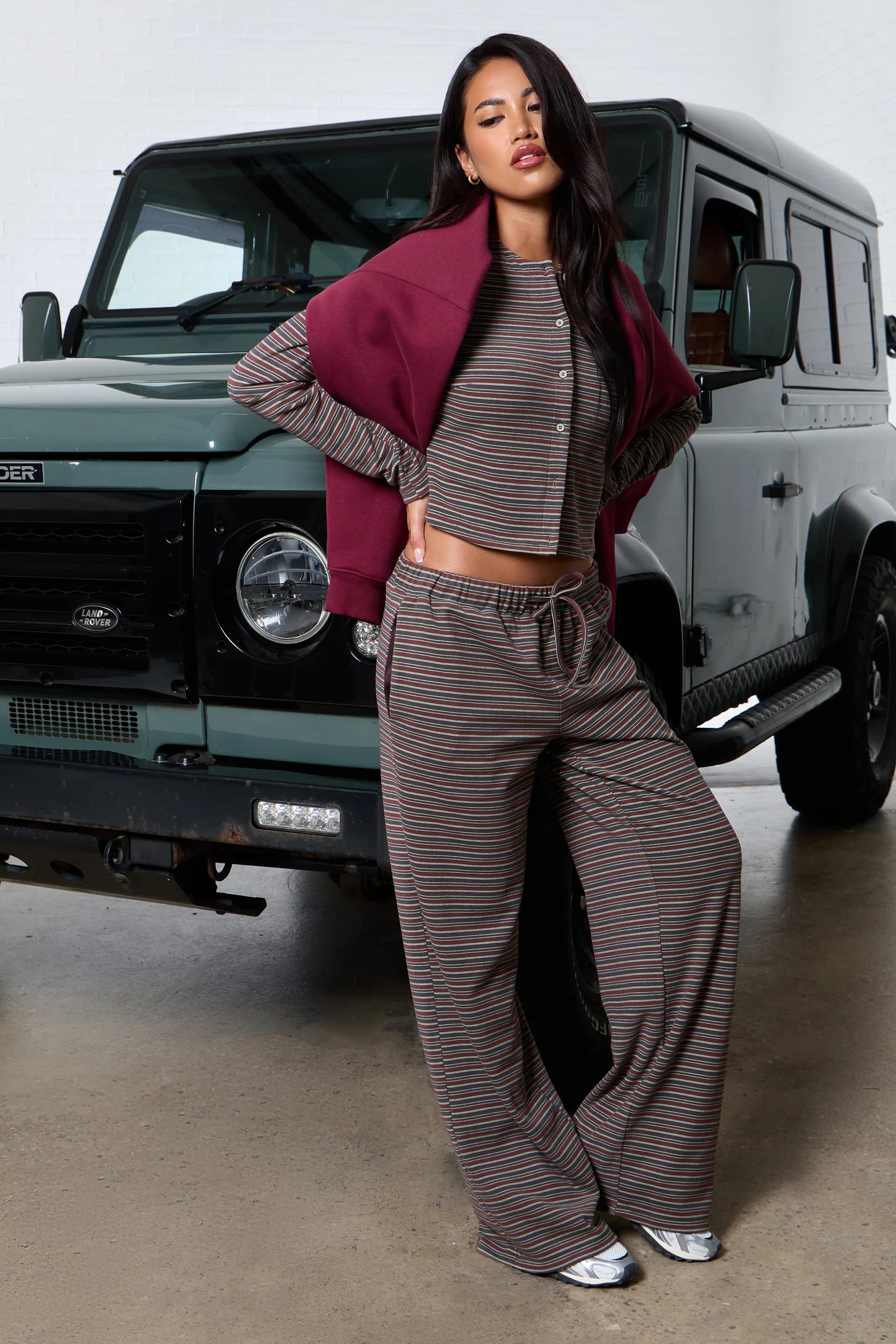 Kaiia Kaiia Striped Fleece Wide Leg Trousers Brown Multi