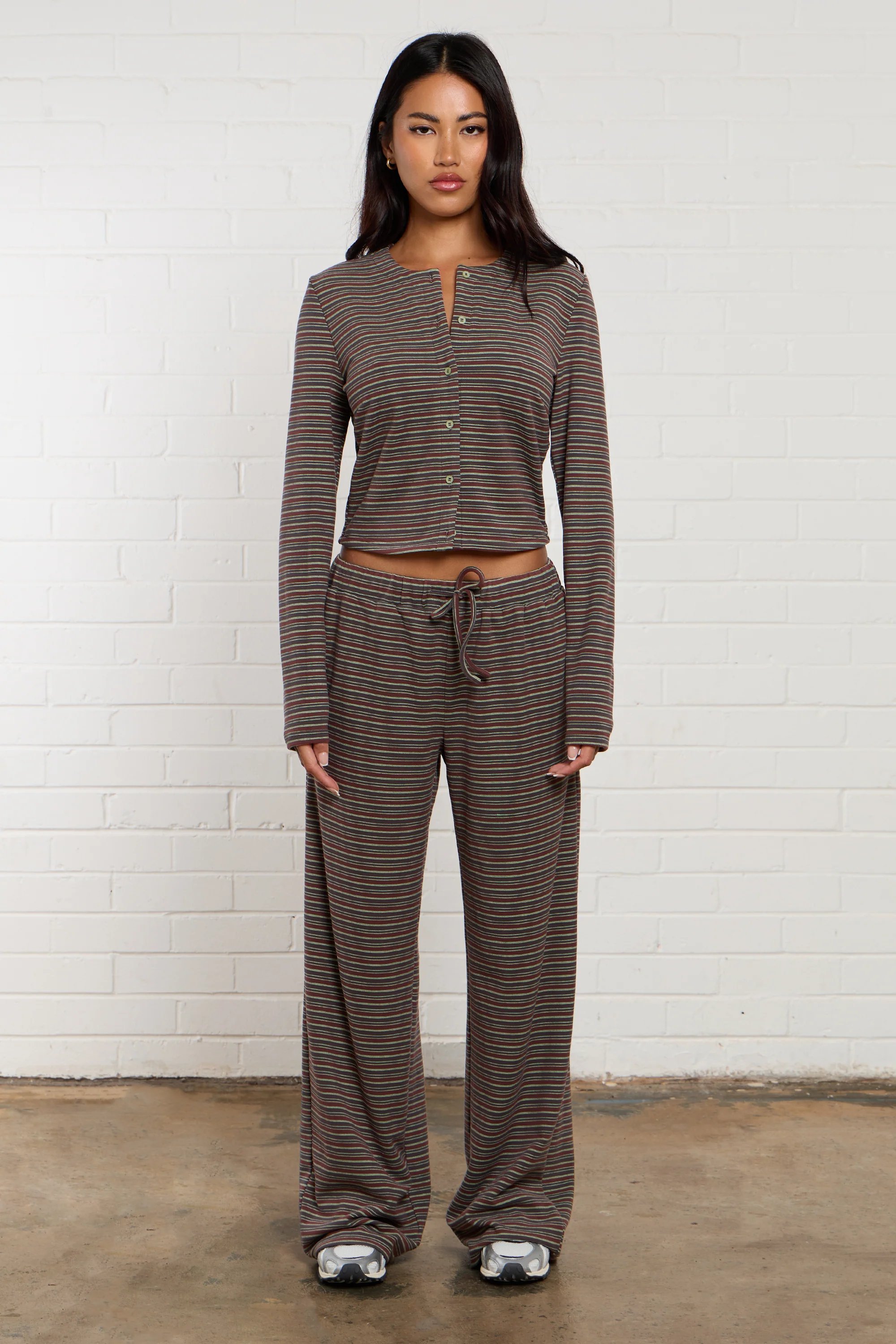 Kaiia Kaiia Striped Fleece Wide Leg Trousers Brown Multi - 2