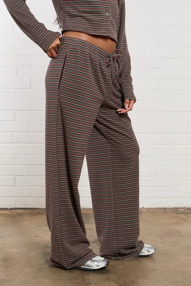 Kaiia Kaiia Striped Fleece Wide Leg Trousers Brown Multi - 3