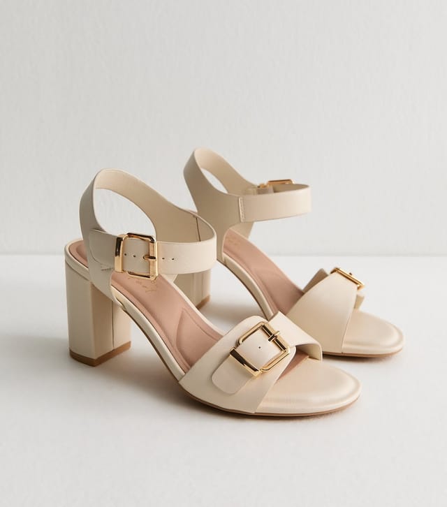 New Look Women's Wide Fit Off White Double Buckle Block Heel Sandals Vegan New Look - 3