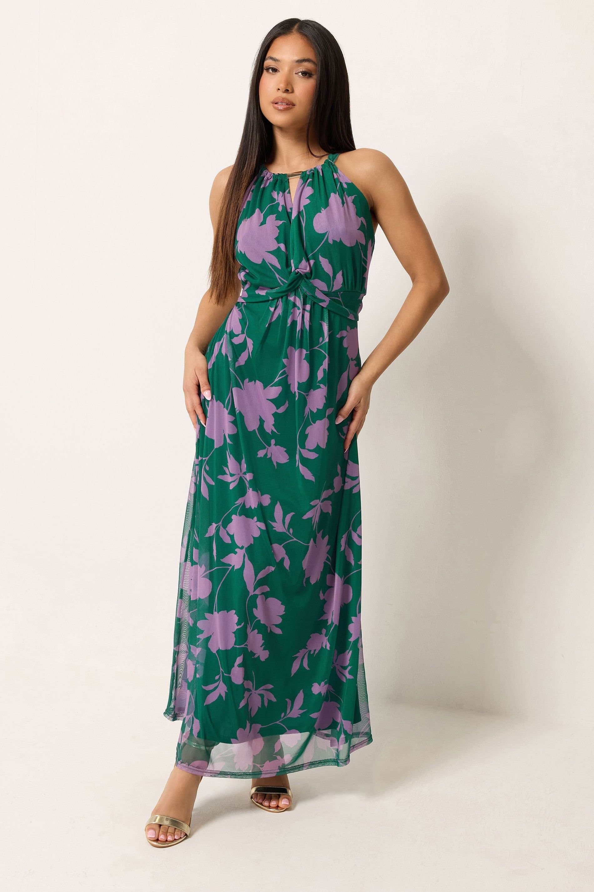 M&Co M&Co Women's Petite Mesh Halter Neck Maxi Dress in Teal