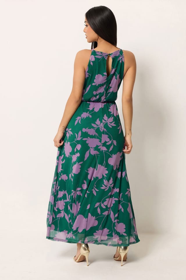 M&Co M&Co Women's Petite Mesh Halter Neck Maxi Dress in Teal - 3