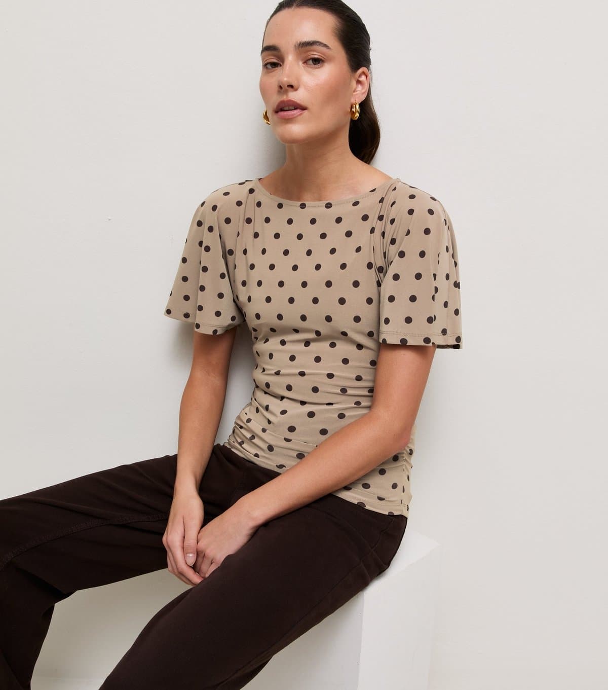 New Look Women's Brown Jersey Polka Dot Batwing Corset Top New Look