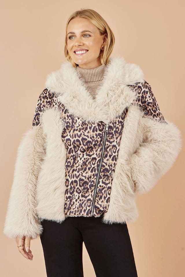 Yumi Yumi Women's Cream & Brown Biker Jacket With Leopard Print - 2