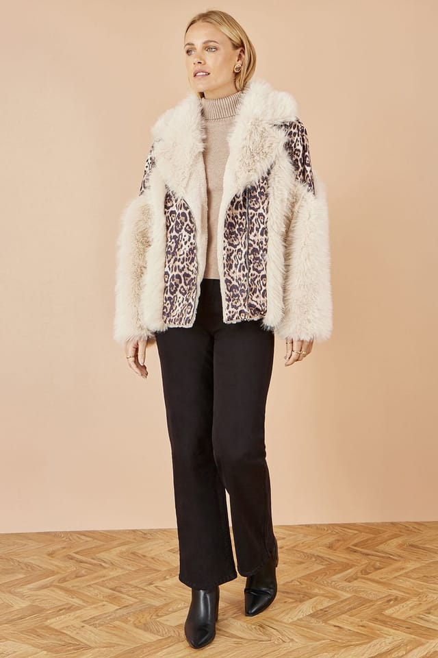 Yumi Yumi Women's Cream & Brown Biker Jacket With Leopard Print - 3