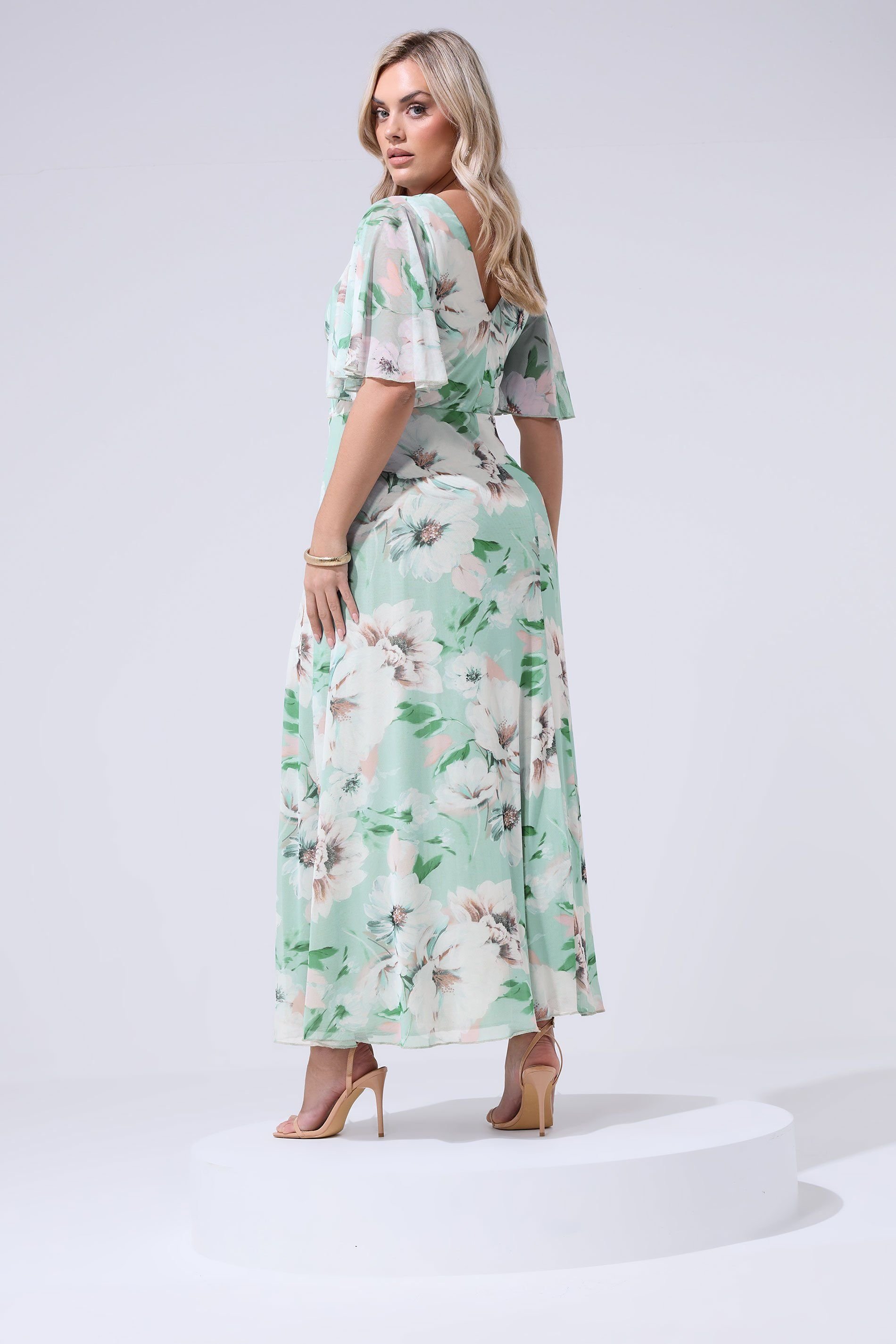 Yours Yours Women's Floral Wrap Mesh Dress in Light Green - 3