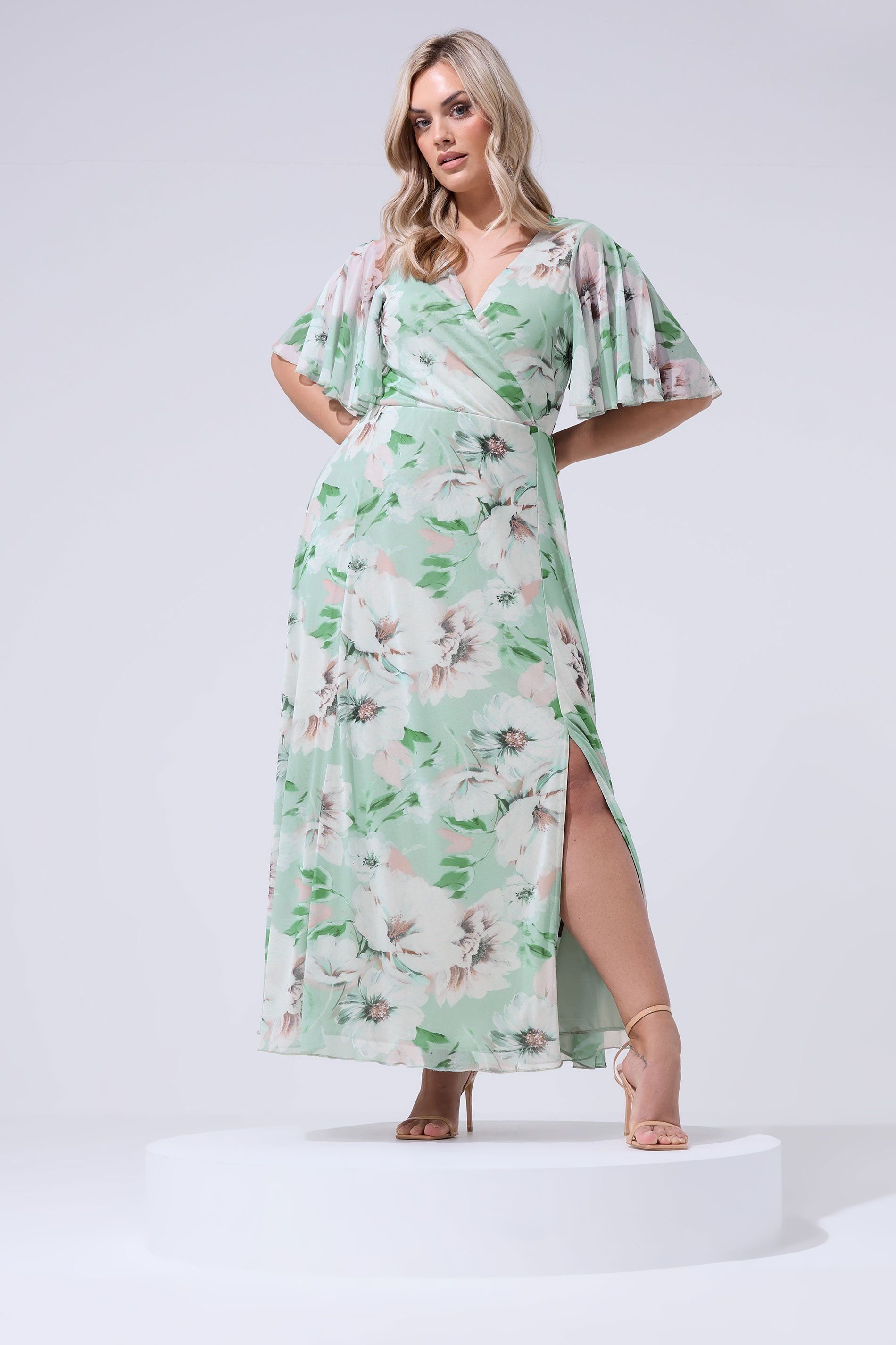 Yours Yours Women's Floral Wrap Mesh Dress in Light Green - 4