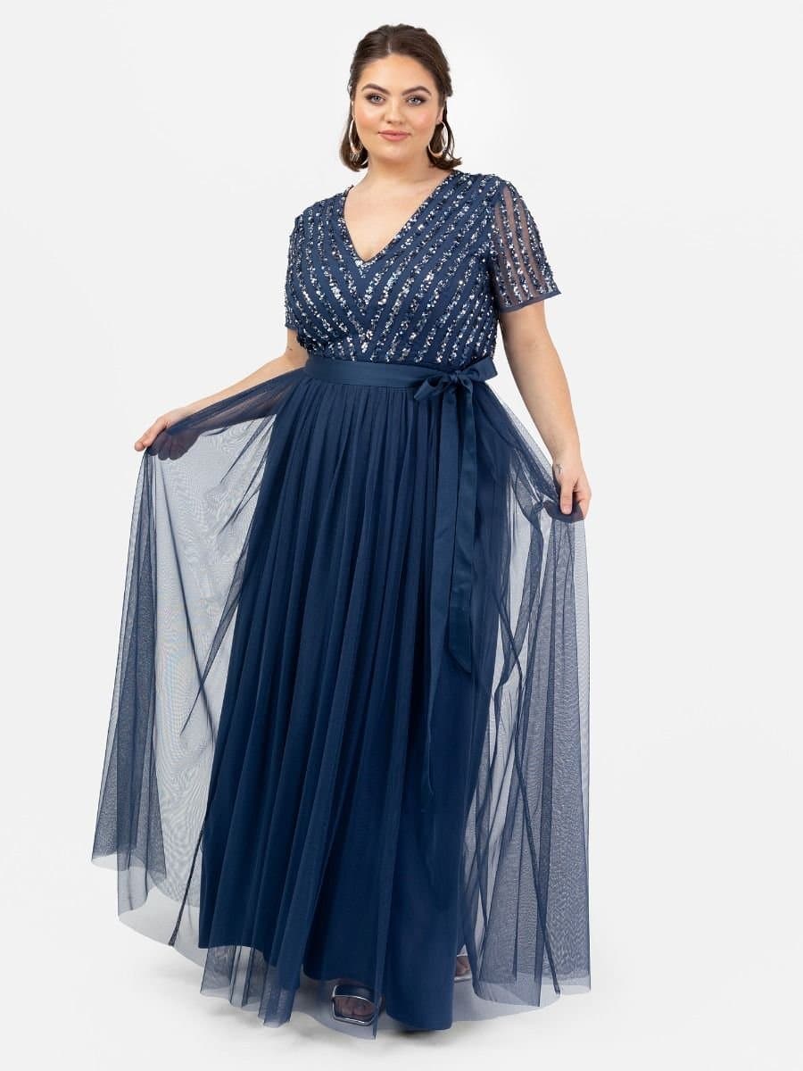Maya Deluxe Maya Deluxe Women's Belted Stripe Embellished Maxi Dress in Navy