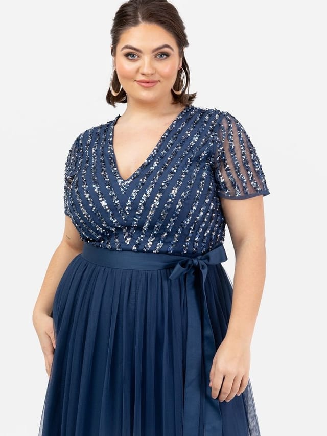 Maya Deluxe Maya Deluxe Women's Belted Stripe Embellished Maxi Dress in Navy - 2