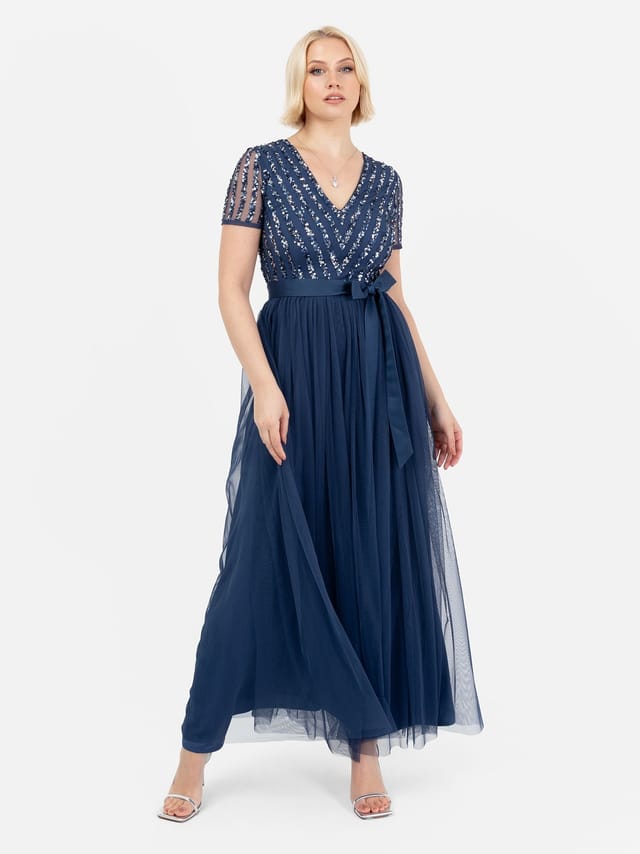 Maya Deluxe Maya Deluxe Women's Belted Stripe Embellished Maxi Dress in Navy - 3
