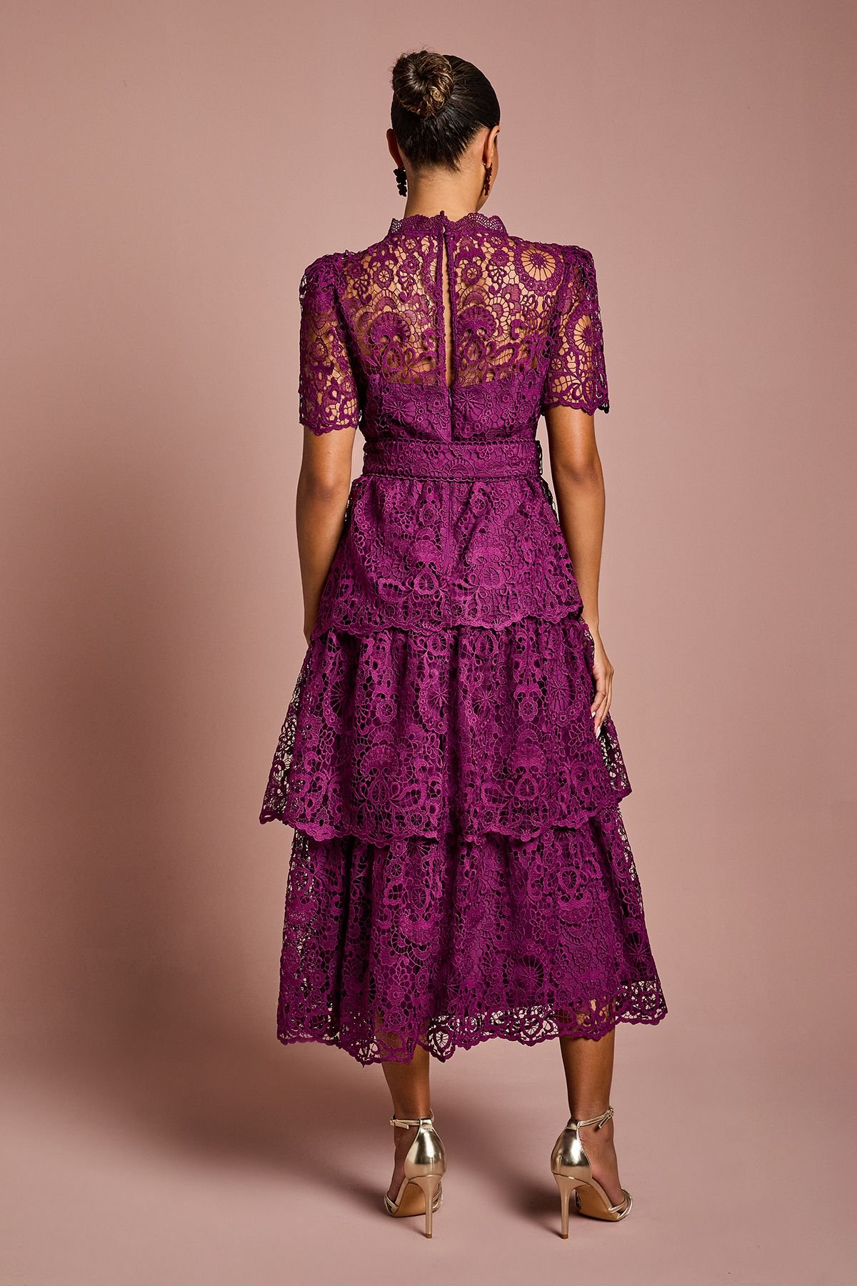 Coast Coast Women's Petite Short Sleeve V Neck Tiered Lace Midi Dress in Plum - 3