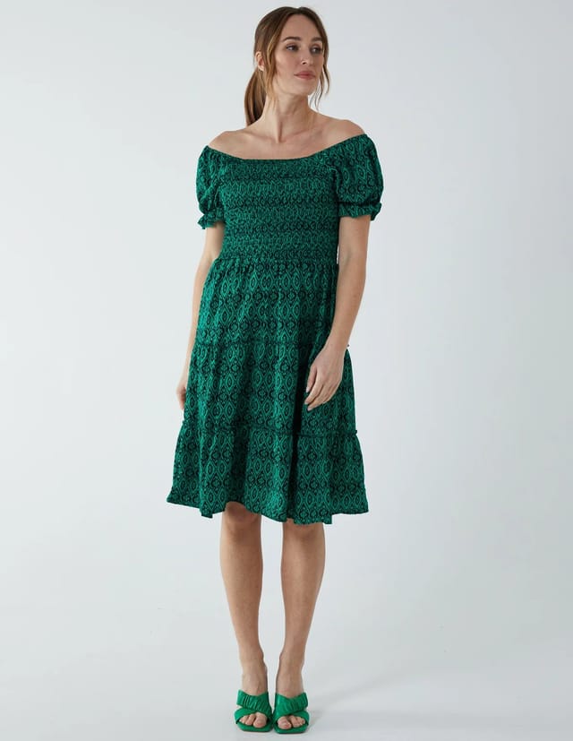 Blue Vanilla Puff Sleeve Bardot Shirred Dress - 2