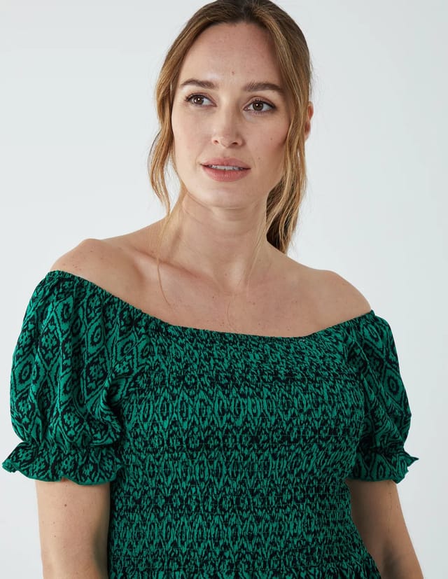 Blue Vanilla Puff Sleeve Bardot Shirred Dress - 3