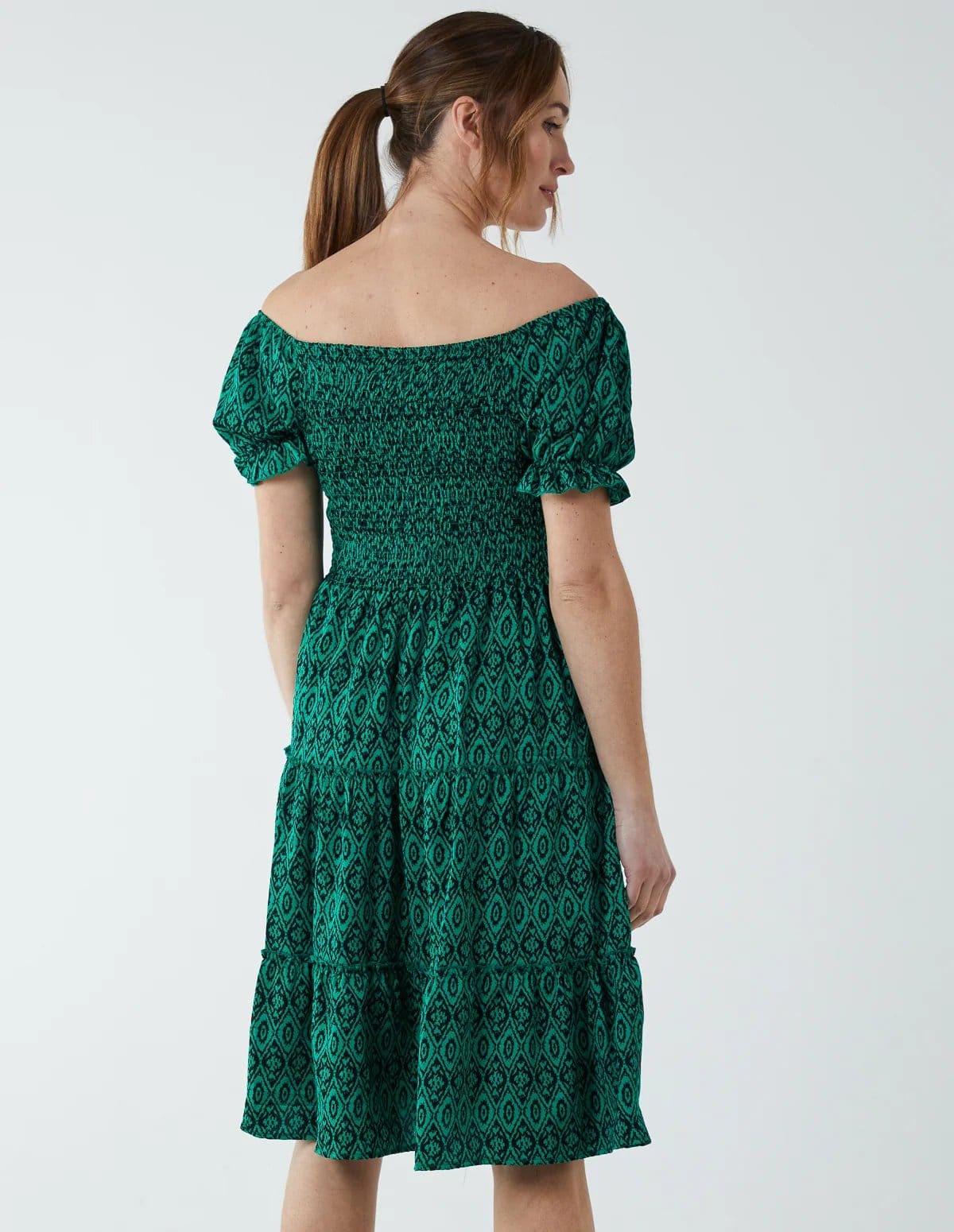 Blue Vanilla Puff Sleeve Bardot Shirred Dress - 4