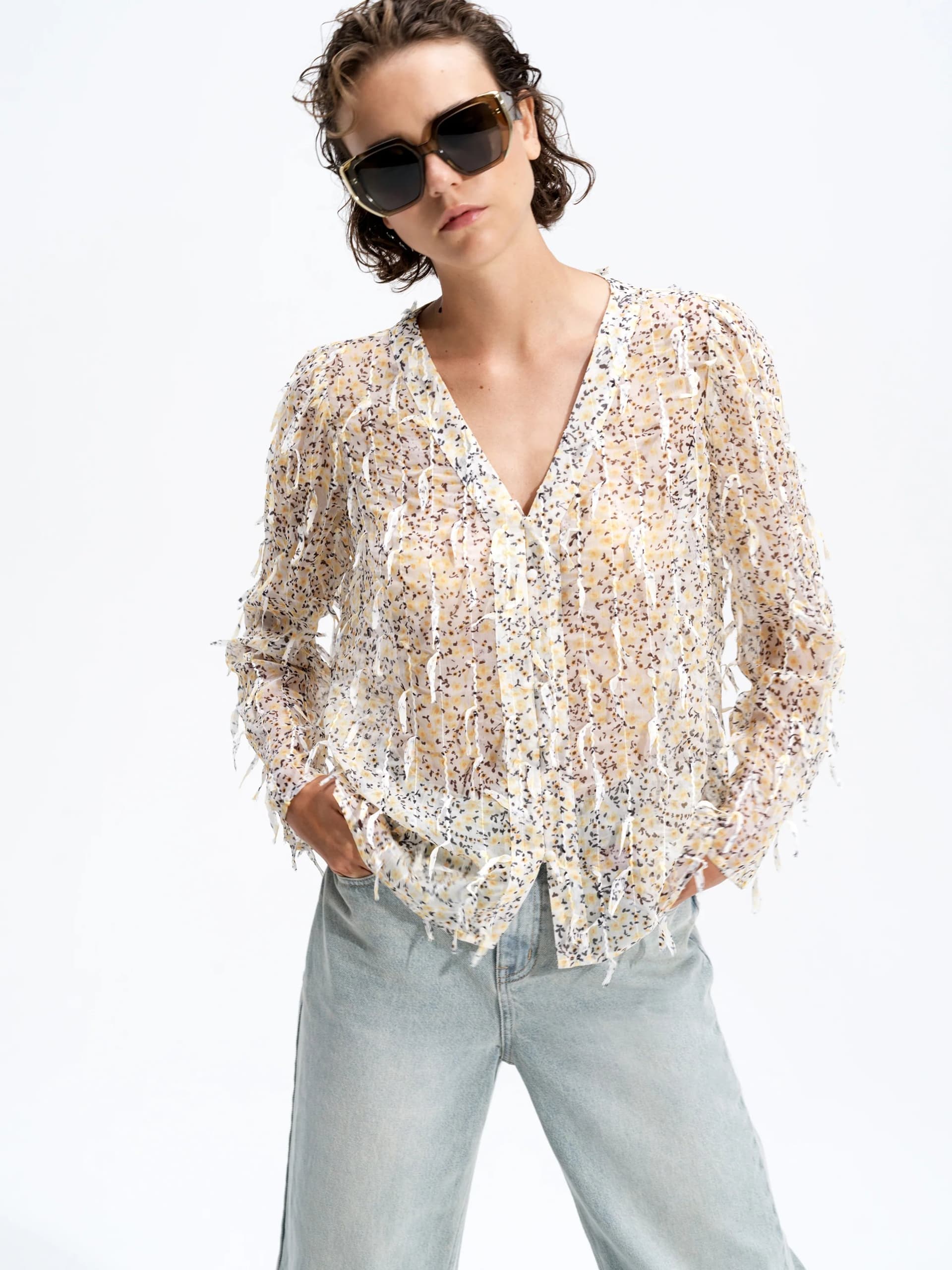 French Connection Bonnie Katelyn Textured Blouse White Yellow Multi
