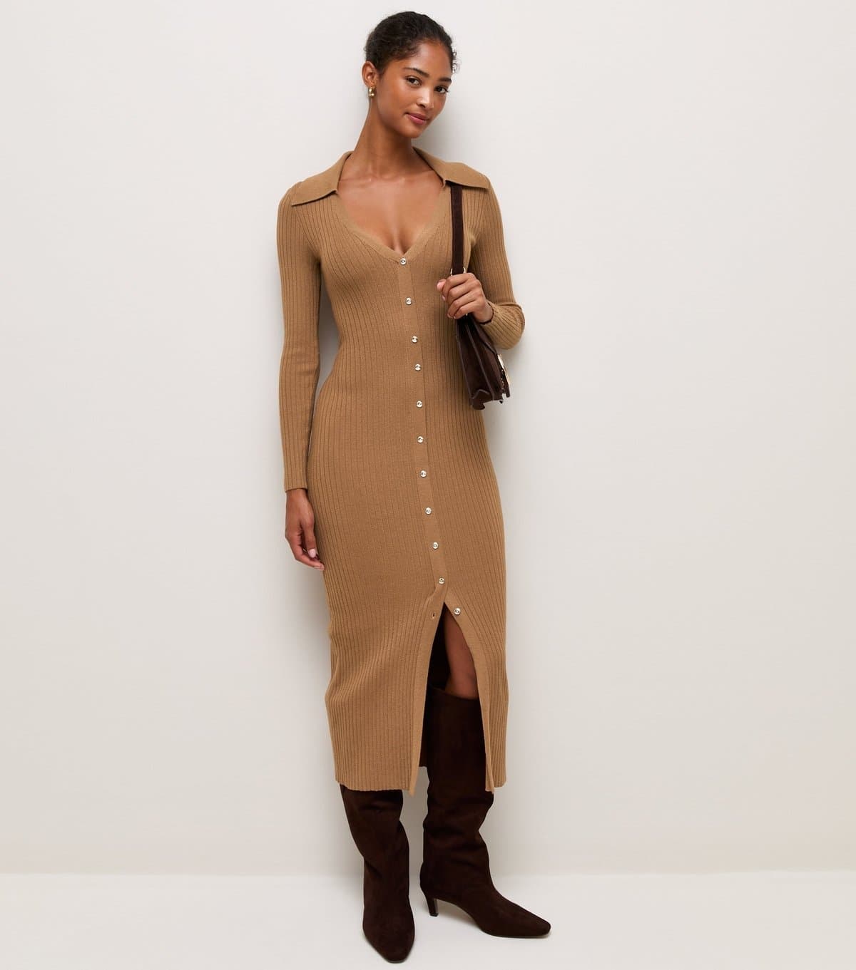 New Look Women's Camel Lightweight Ribbed Knit Collared Midi Dress New Look