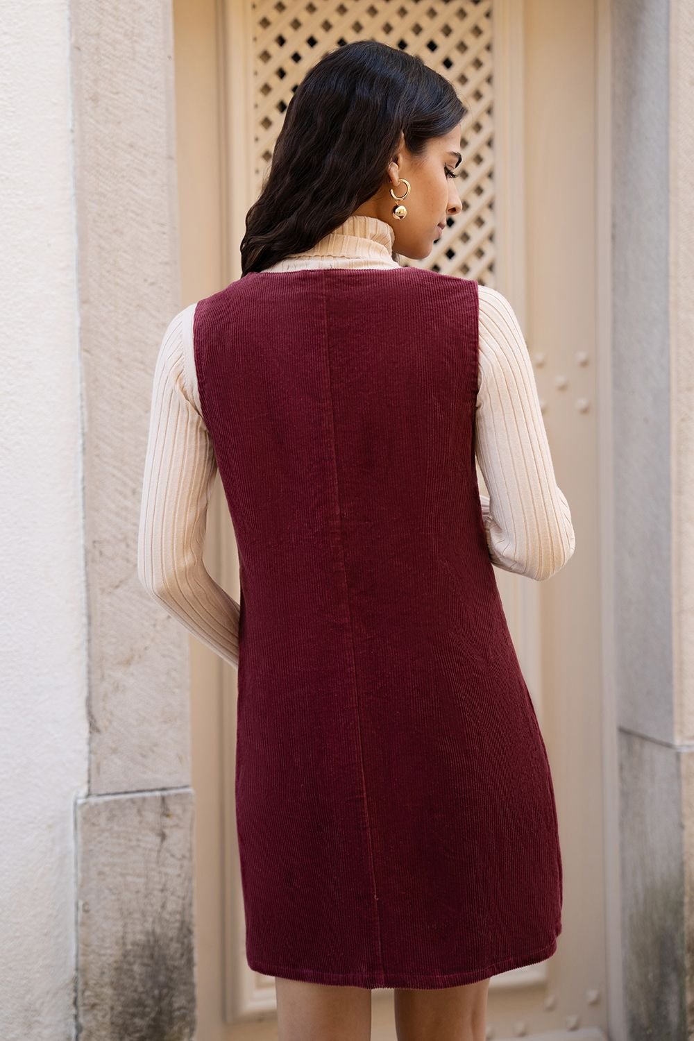 Yumi Yumi Women's Burgundy Cord Button Through Pinafore Dress With Pockets - 4